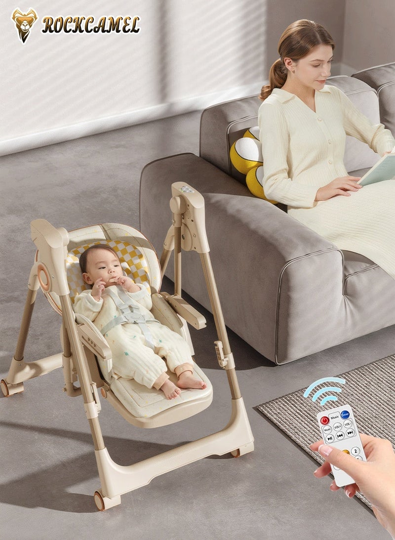 ROCKCAMEL 2-in-1 Electric Baby High Chair & Rocker with Remote Control, 8-Level Rocking Speed & Height Adjustment, Rechargeable Rocking Chair with Wheels, 3-Stage Timer & Music, Foldable Infant Feeding Chair (Khaki) - Image 4